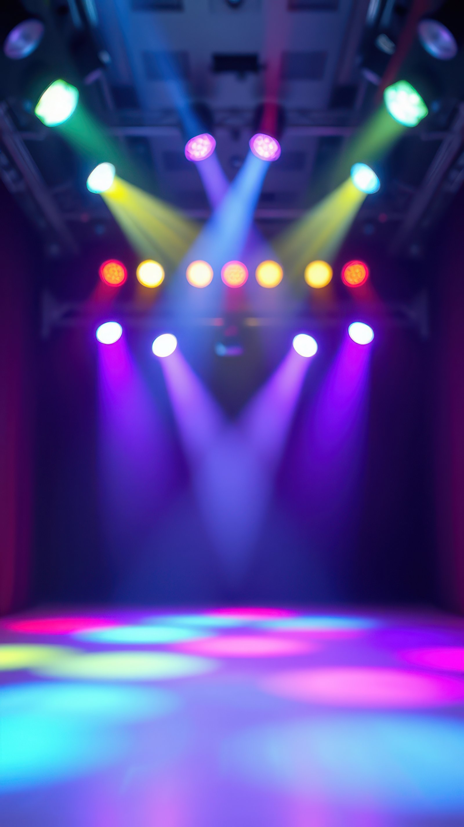 Bright colored stage lights create an energetic atmosphere for a performance in a theater setting